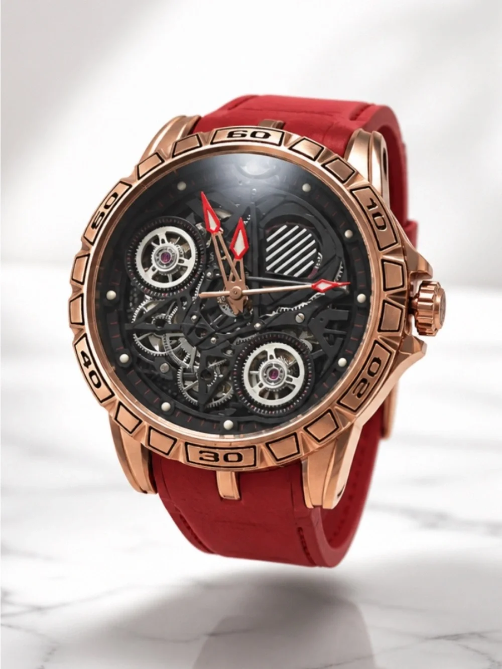 BiBi Red Strap Rose Gold Skeleton Dial luxury Men's Watch